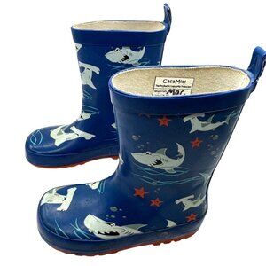 CasaMiel Shark Print Blue Rubber Rain Boots Kid Size 9 Pull-On Tabs Non-slip